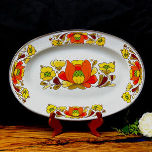 Vintage 1970's Sanko Ware Serving Tray Country Flowers Porcelain Enameled Steel